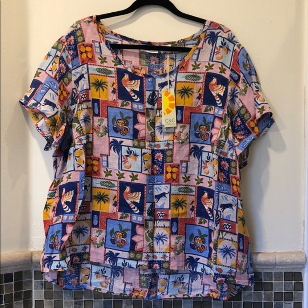C & C California 100% Linen Women's Colorful Tropical Print Blouse